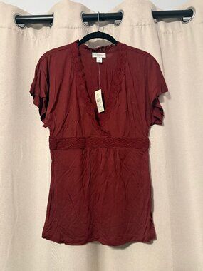 LOFT Burgundy Lace Trim V-Neck Blouse – Size XS (NWT)